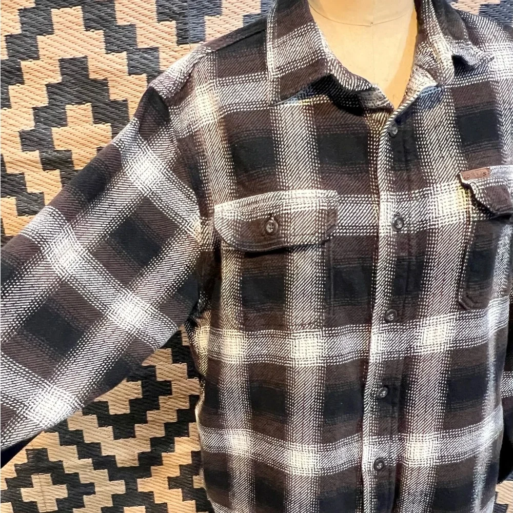 Orvis earthy tartan plaid flannel heavy shirt jacket shacket button down neutral